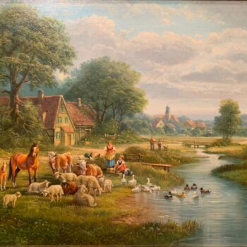 Malerei mit dem Titel "Bayerische Dorfszene" von Herbert Duttler, Original-Kunstwerk, Öl Auf Holzplatte montiert