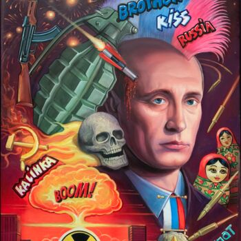 Malerei mit dem Titel "Putins Krieg" von Herbert Duttler, Original-Kunstwerk, Öl Auf Keilrahmen aus Holz montiert