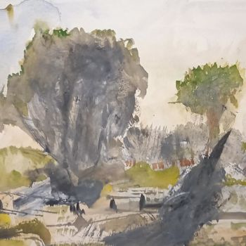 Painting titled "Landschaft" by Hermann Böcker, Original Artwork, Watercolor