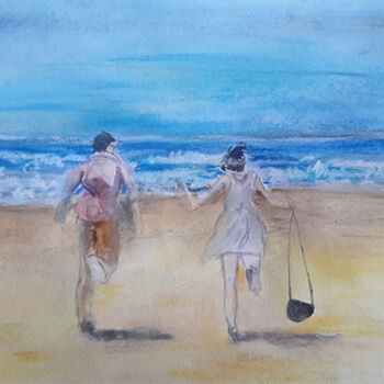 Painting titled "Two on the beach" by Hermione, Original Artwork, Watercolor