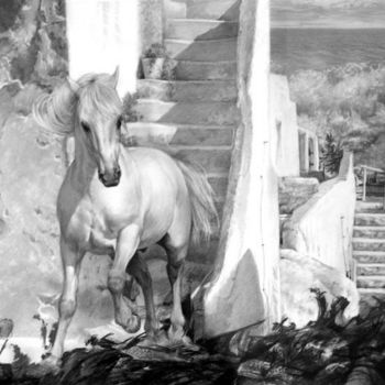 Dibujo titulada "The white horse" por Peter Heydeck, Obra de arte original