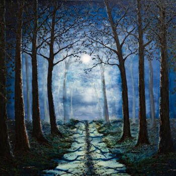 Painting titled "Moonlit Forest Path" by Hazel Thomson, Original Artwork, Oil Mounted on Wood Stretcher frame