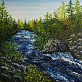 Painting titled "THe Falls Of Shin" by Hazel Thomson, Original Artwork, Oil Mounted on Wood Stretcher frame