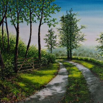 Painting titled "A Country Lane In S…" by Hazel Thomson, Original Artwork, Oil Mounted on Wood Stretcher frame