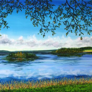Painting titled "Lake of Menteith" by Hazel Thomson, Original Artwork, Oil Mounted on Wood Stretcher frame
