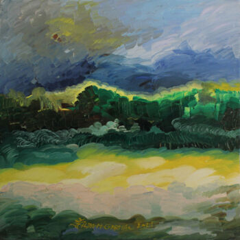 Painting titled "Paysage imaginaire…" by Hilda Garman, Original Artwork, Oil Mounted on Wood Stretcher frame