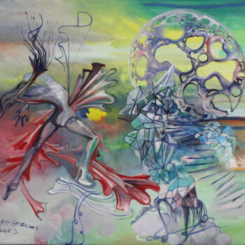 Painting titled "Danse autour de l'é…" by Hilda Garman, Original Artwork, Oil Mounted on Wood Stretcher frame