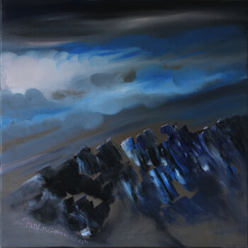 Schilderij getiteld "BLEU ROCK PAYSAGE" door Hilda Garman, Origineel Kunstwerk, Olie