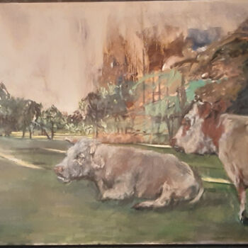 Schilderij getiteld "Two cows at the dawn" door Hilde Plessers, Origineel Kunstwerk, Olie