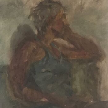 Painting titled "Model sitting sidew…" by Hilde Plessers, Original Artwork, Oil Mounted on Wood Stretcher frame