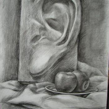 素描 背景是布的石膏耳朵和碟子上的两个苹果 Tablo 田梁tarafindan Artmajeur