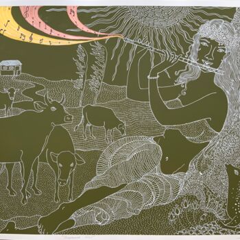 Dessin intitulée "SHEPHERD GIRL" par Hiranya R, Œuvre d'art originale, Encre
