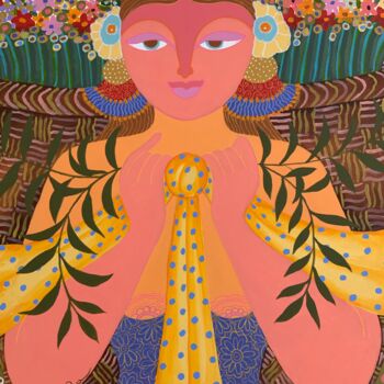 Картина под названием "The Flower Carrier…" - Hiranya R, Подлинное произведение искусства, Акрил Установлен на Деревянная ра…