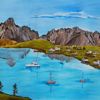 Pintura intitulada "fishing village" por Hiten Mistry, Obras de arte originais, Acrílico
