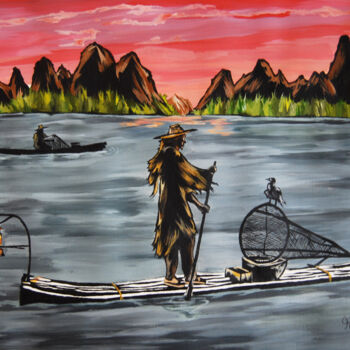 Malerei mit dem Titel "Chinese fisherman" von Hiten Mistry, Original-Kunstwerk, Acryl