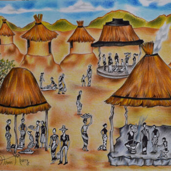 Desenho intitulada "Zambian village sce…" por Hiten Mistry, Obras de arte originais, Lápis