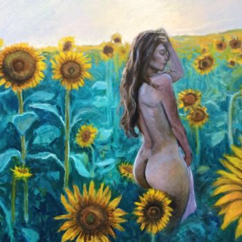 Pintura intitulada "Sunflower Field Fem…" por Hilary J England, Obras de arte originais, Óleo