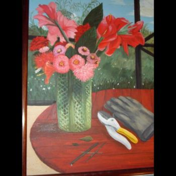 Painting titled "Bouquet by the Pool" by Jose', Original Artwork, Oil