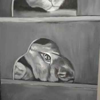 Peinture intitulée "le chat en boite" par Hln Marou, Œuvre d'art originale, Acrylique