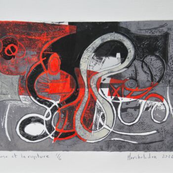 Pittura intitolato "Rose et la rupture…" da Hervé Marchelidon, Opera d'arte originale, Incisioni su linoleum