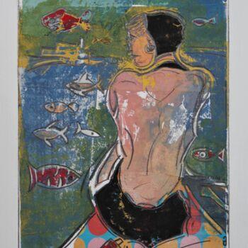 Estampas & grabados titulada "Rose et les poisson…" por Hervé Marchelidon, Obra de arte original, Linograbados