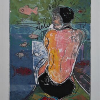 Отпечатки и Гравюры под названием "Rose et les poisson…" - Hervé Marchelidon, Подлинное произведение искусства, Линогравюры