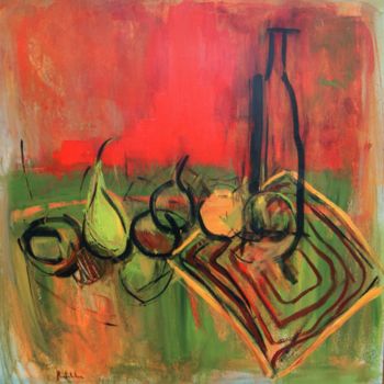 Painting titled "Bouteille et fruits" by Hervé Marchelidon, Original Artwork, Acrylic Mounted on Wood Panel