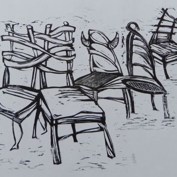 Gravures & estampes intitulée "Les Chaises" par Helena Meyer-Everdt, Œuvre d'art originale, Linogravures