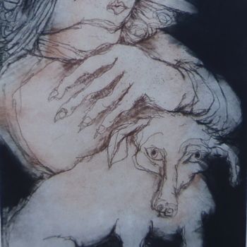 Gravures & estampes intitulée "Elle et son Chien" par Helena Meyer-Everdt, Œuvre d'art originale, Eau-forte