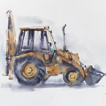 Painting titled "Yellow tractor" by Anna Hnatiuk, Original Artwork, Watercolor