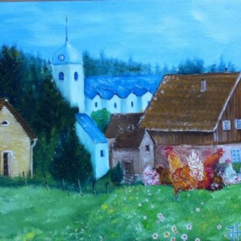 Painting titled "Poules - Village" by Jhoerr, Original Artwork