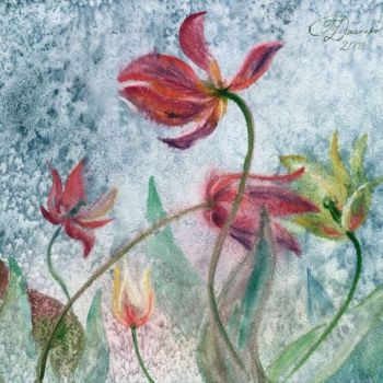 Картина под названием "Тюльпаны в непогоду" - Татьяна Холина-Джемардьян, Подлинное произведение искусства, Масло