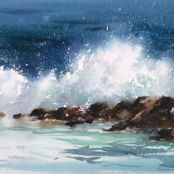 Painting titled "Waves and rocks #9" by Eugenia Gorbacheva, Original Artwork, Watercolor