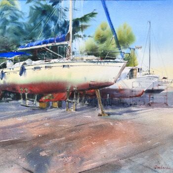 Painting titled "Yachts are resting" by Eugenia Gorbacheva, Original Artwork, Watercolor
