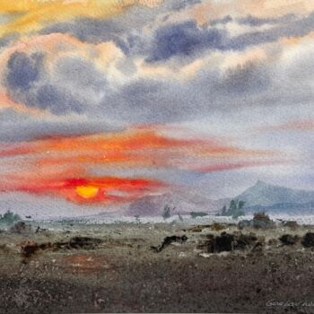 Painting titled "Orange sunset #15" by Eugenia Gorbacheva, Original Artwork, Watercolor