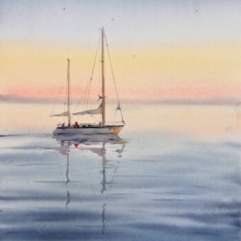 Peinture intitulée "Yacht at sunset #6" par Eugenia Gorbacheva, Œuvre d'art originale, Aquarelle