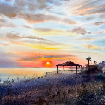 Peinture intitulée "Sunset on the sea #6" par Eugenia Gorbacheva, Œuvre d'art originale, Aquarelle