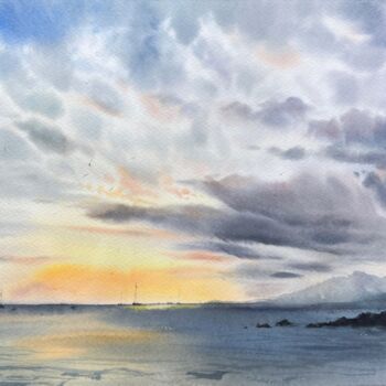 Painting titled "Sunset on the sea #…" by Eugenia Gorbacheva, Original Artwork, Watercolor