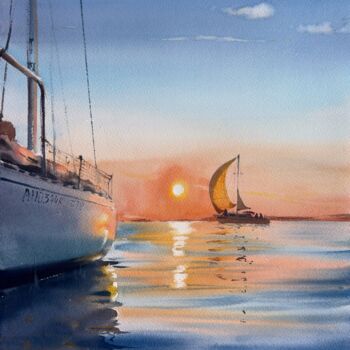 Peinture intitulée "Yachts at sunset #10" par Eugenia Gorbacheva, Œuvre d'art originale, Aquarelle