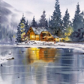 Peinture intitulée "House on the lake.…" par Eugenia Gorbacheva, Œuvre d'art originale, Aquarelle