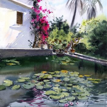 Peinture intitulée "Pond with water lil…" par Eugenia Gorbacheva, Œuvre d'art originale, Aquarelle