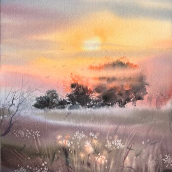 Painting titled "Orange sunset #21" by Eugenia Gorbacheva, Original Artwork, Watercolor