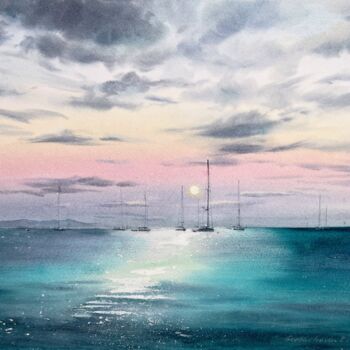 Malarstwo zatytułowany „Yachts at sunset #14” autorstwa Eugenia Gorbacheva, Oryginalna praca, Akwarela