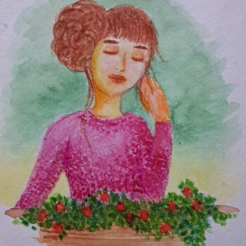 Painting titled "Peace on the balcony" by Homely Art, Original Artwork, Watercolor