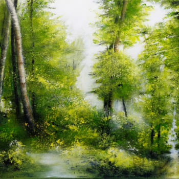 Painting titled ""Printemps en Forêt…" by Hongie, Original Artwork, Acrylic Mounted on Wood Stretcher frame
