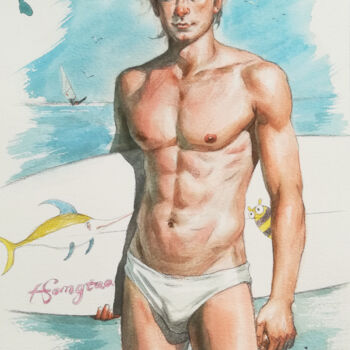 Painting titled "Surfer" by Hongtao Huang, Original Artwork, Watercolor