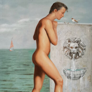 Oil painting male nude with birds