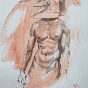 Drawing titled "Drawing male nude-T…" by Hongtao Huang, Original Artwork, Charcoal