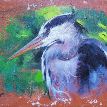 Ζωγραφική με τίτλο "Oil painting heron" από Hongtao Huang, Αυθεντικά έργα τέχνης, Λάδι