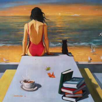 Painting titled "Watch the sunrise w…" by Hongtao Huang, Original Artwork, Oil